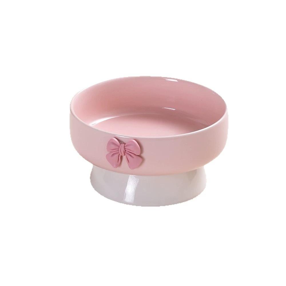 Cute Bow High-Footed Ceramic Cat Bowl, Elevated Pet Food Bowl for Anti-Vomiting, Multiple Colors Available