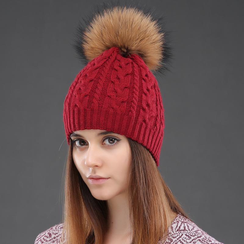 Women Double Layer Knitted Hats Winter Warm Beanies Wool Hat With Pompom Natural Fur Raccoon Fashion Female Cap