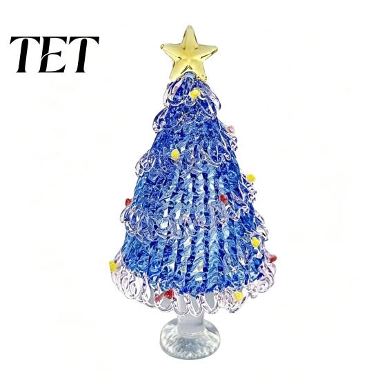 Holiday Party Centerpiece Hand Blown Glass Christmas Tree Figurine with Golen Star, Interior Design Accent Mini Xmas Ornament, Handmade Desktop