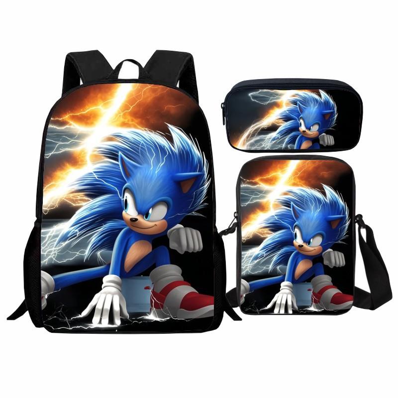 Printed Sonic Student School Bag Three-piece Set, Casual Sonic Backpack Crossbody Bag Pencil Bag Men and Women