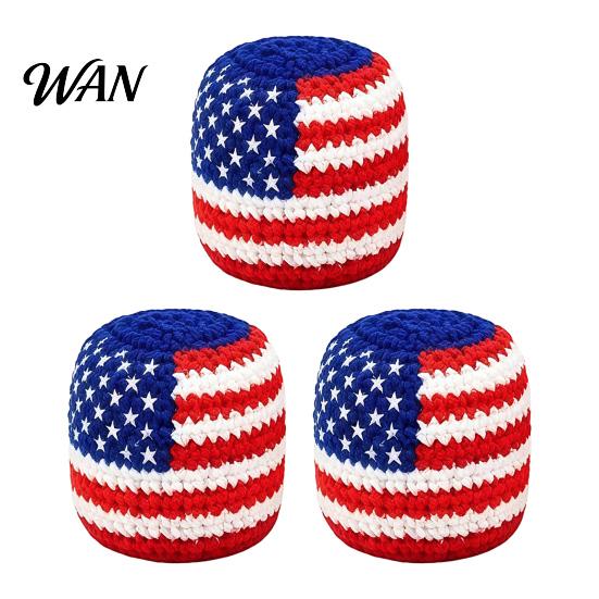 American Flag Footbag 4th of July Handmade Knit for Adults Kids, Red White Blue Patriotic Soft Juggling Balls, Independence Day Crochet Kick Bag Ball