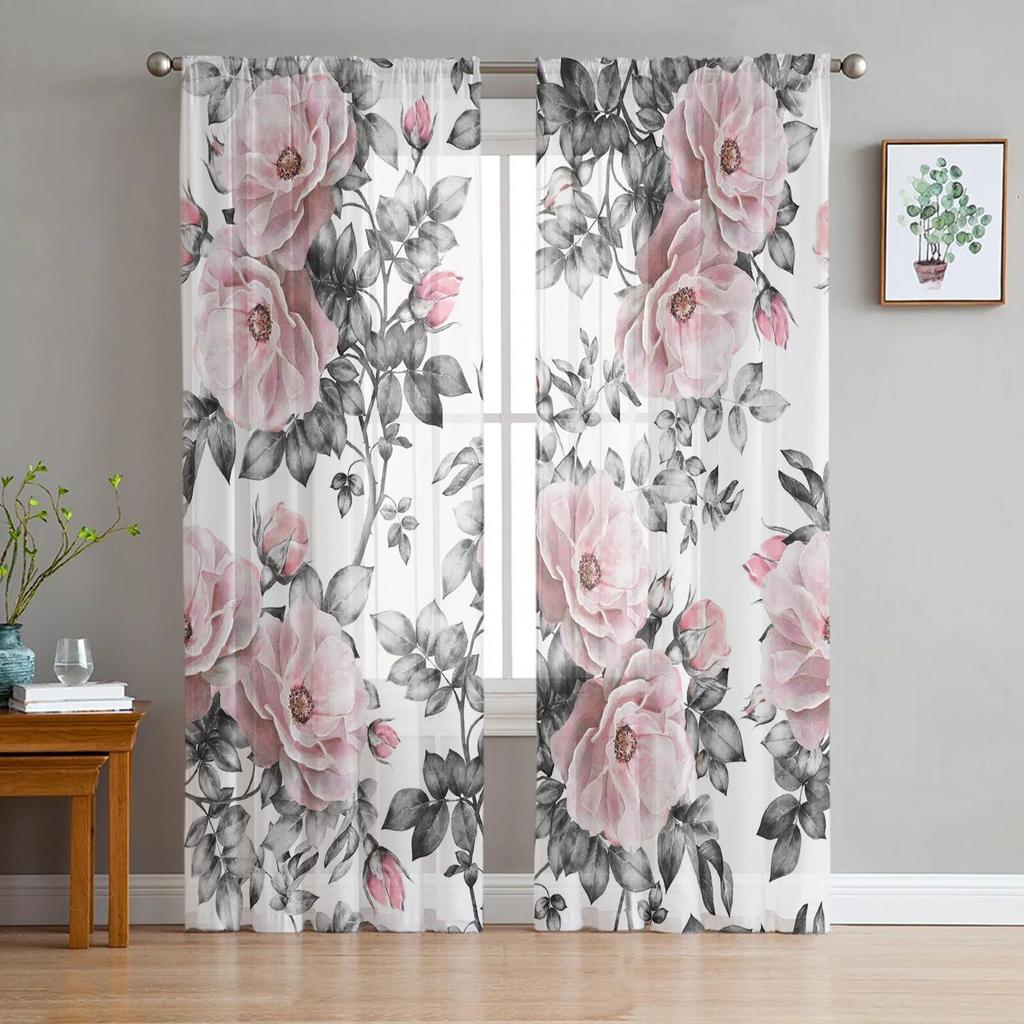 Red Flowers Planks Leaves Plant Tulle Sheer Curtains for Living Room Decoration Window Curtain for Bedroom Voile Organza Drapes