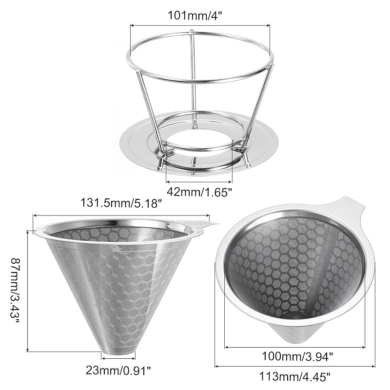 Воронка для кофе uxcell Pour Over 600 ячеек Диаметр конуса 113 мм Многоразовый фильтр для кофе Трубка из нержавеющей стали С решеткой Для 1-2 чашек