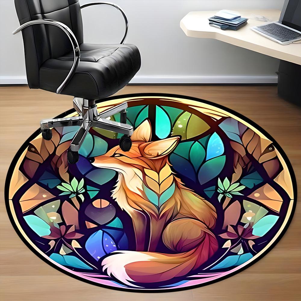 1pc Stained Glass Fox Office Round Area Rug, Indoor Mat Suitable ForOffice, Under Office Chairs Bedroom Living Room Home Decor, Room Deco D049
