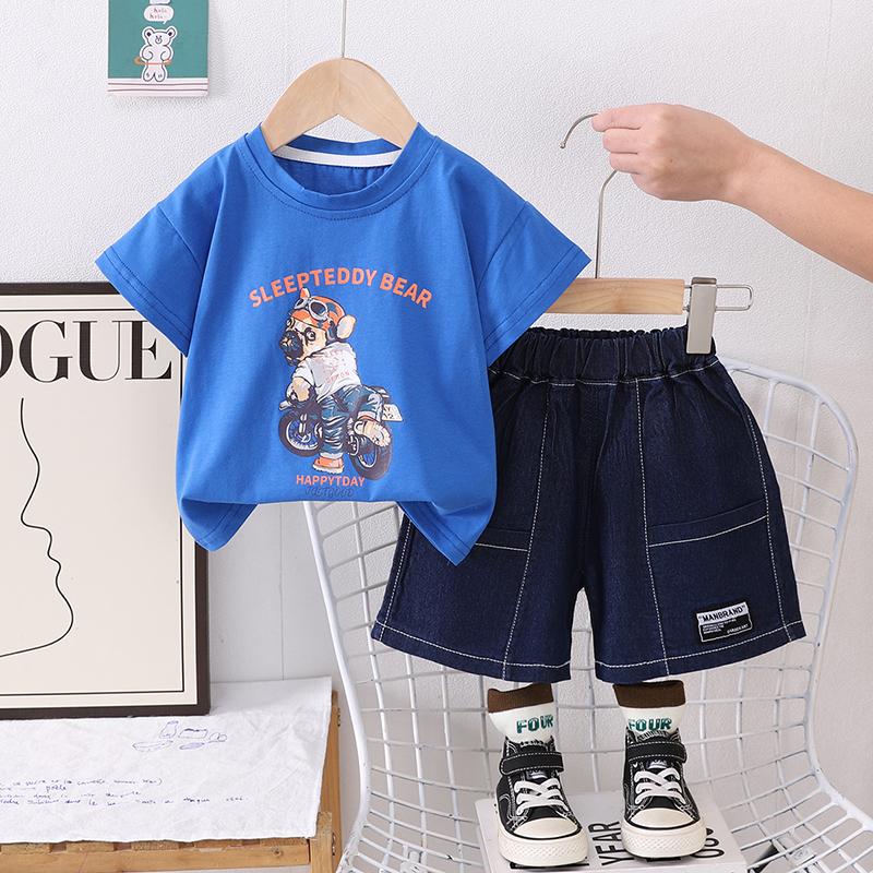 Детский комплект для мальчиков с короткими рукавами и рисунком из мультфильмов, повседневные джинсовые шорты, комплект из двух предметов, удобная одежда для малышей и мальчиков