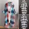 Turn-Down Collar Roll-up Sleeve Buttons Closure Sunscreen Shirt Plaid Print Mid-Length Loose Shirt Female Clothing