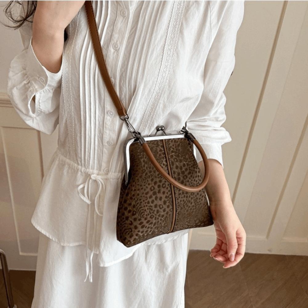 Large Capacity Kiss Lock Shoulder Bag Leopard Print Vintage Handbag Crossbody Bag Shopping