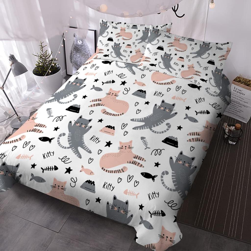Cute Colored Cat Bedding Three-Piece Quilt Cover