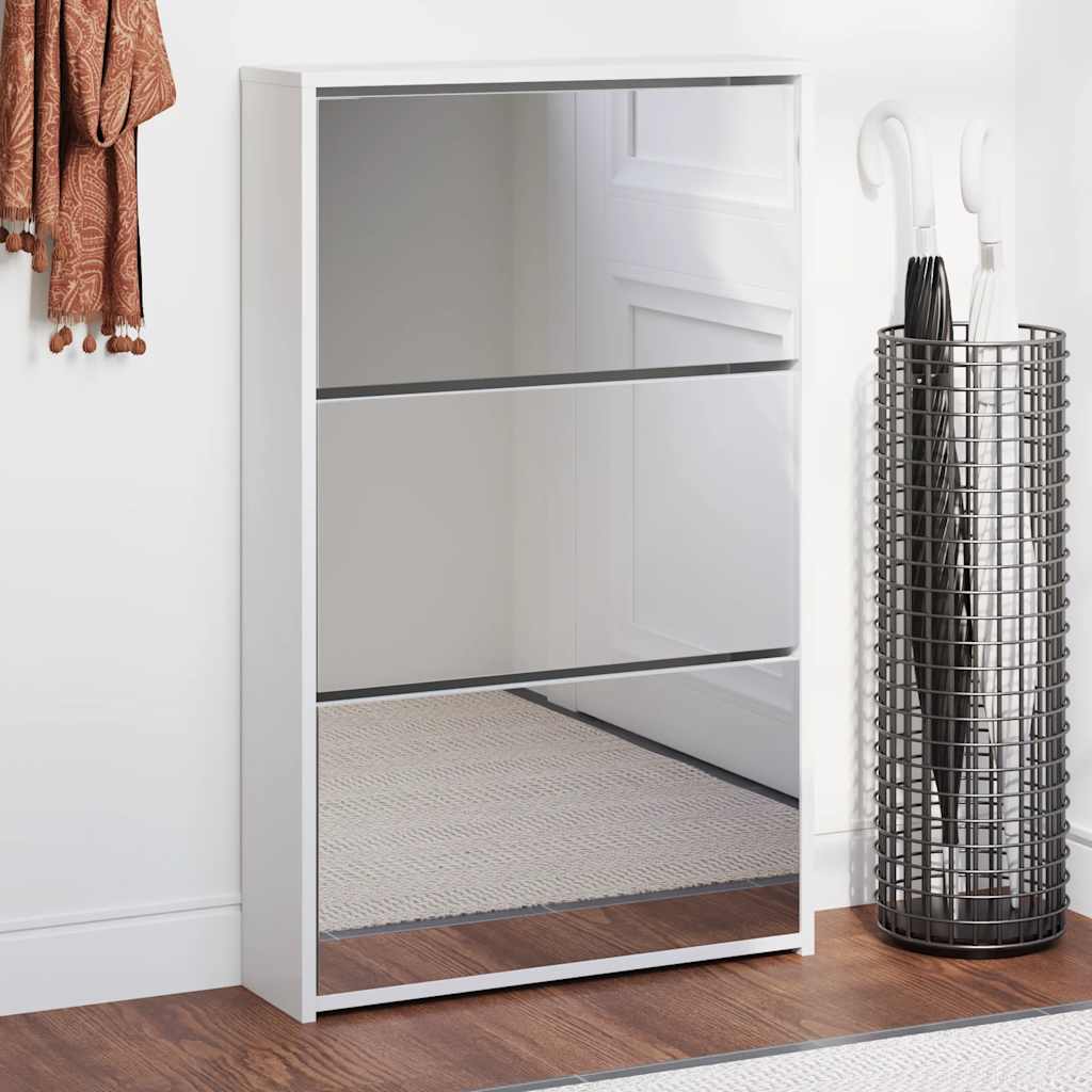 3 Tier Shoe Cabinet with Mirror High Gloss White 63 x 17 x 102.5 cm