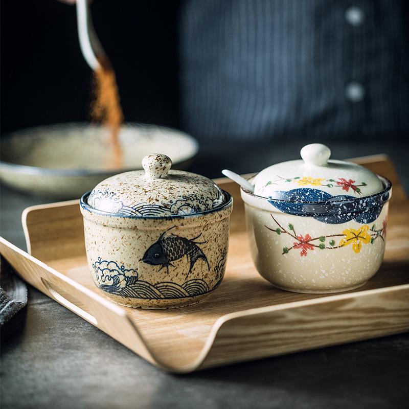 Керамическая банка для приправ с крышкой и ложкой, кухонные банки для специй для соли/сахара/перца, японский стиль, коробка для хранения приправ, чай