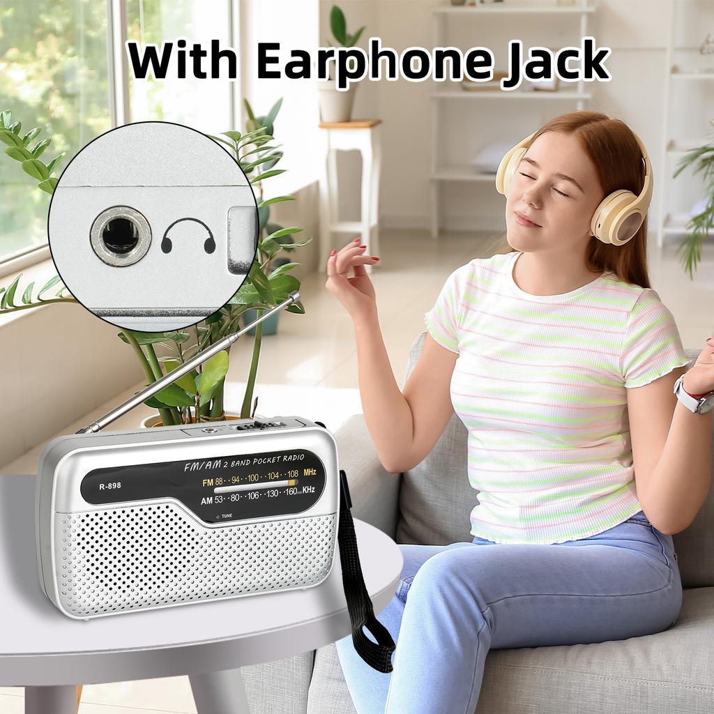 Mini Portable FM AM Radio Battery Powered High Sensitivity Radios Built-in Speaker with Rotatable Antenna 3.5mm Headphones Jack