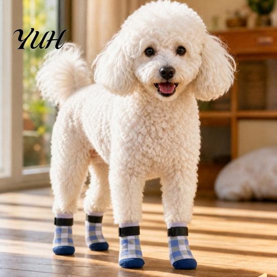 Pet Foot Protection for Hardwood Floors 4Pcs Plaid Dog Socks, Anti-Slip Paw Covers with Adjustable Socks to Prevent Scratching Straps, Breathable