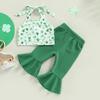Улица. День святого Патрика для маленьких девочек, укороченный топ с открытой спиной и принтом четырехлистного клевера на бретельках и брюки-клеш, комплект из 2 предметов, одежда на 1-5 лет