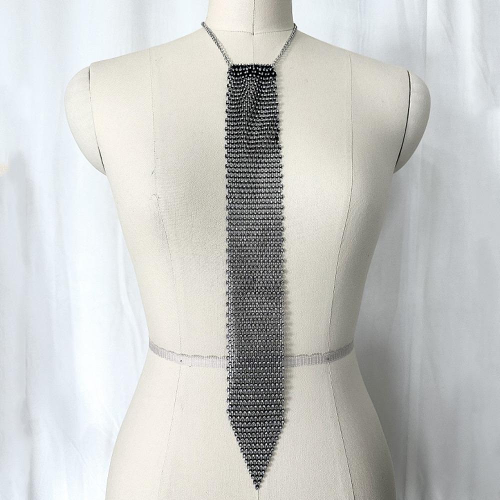 Fashion Narrow Crystal Rhinestone Neck Tie Adjustable Necklace Metal Sequin Necktie Soft Gold Glitter Cravat Suit Accessories