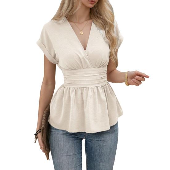 Женские топы с V-образным вырезом, реглан, короткий рукав, рубашка, плиссированный край, однотонные, облегающие талию, топы обычного кроя, повседневная одежда