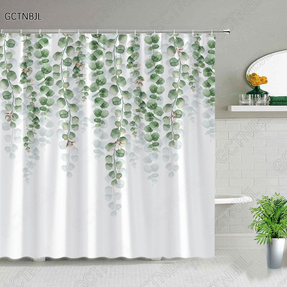 Tropical Palm Leaves Shower Curtain Set Green Plant Leaves Leaf Pumpkin Red Truck Halloween Christmas Decor Bathroom Curtains