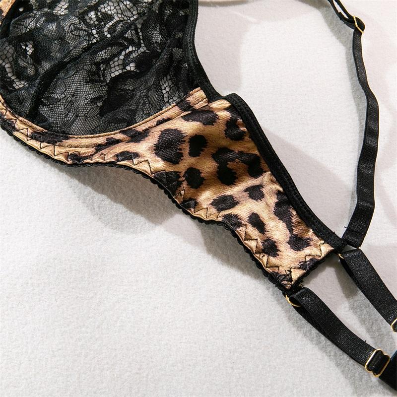 Aduloty Женское сексуальное нижнее белье, тонкая сетка, перспективный леопардовый узор, кружевное эротическое нижнее белье, бюстгальтер на косточках, комплект из трех