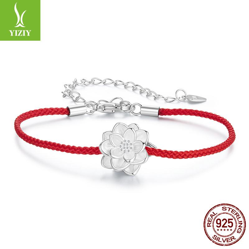 S925 Sterling Silver Lotus Red Rope Bracelet Women'S Exquisite Three-Dimensional Flower Lucky Bracelet Bracelet Jewelry