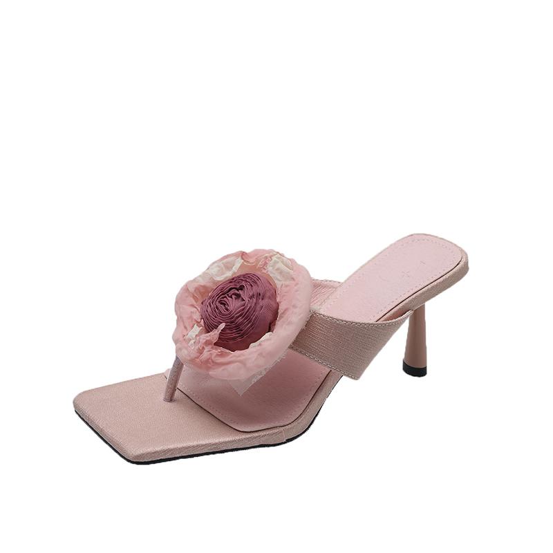 2024 Модные женские шлепанцы, тапочки, бежевые, фиолетовые, розовые, летние уличные туфли-мюли, толстые, средние каблуки, повседневные туфли-лодочки с цветочным узором для вечеринок