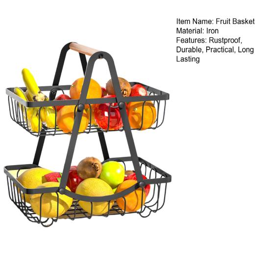 Двухслойная корзина для фруктов с деревянной ручкой, многофункциональная стойка для хранения, органайзер для столешницы, прочная металлическая подставка для фруктов