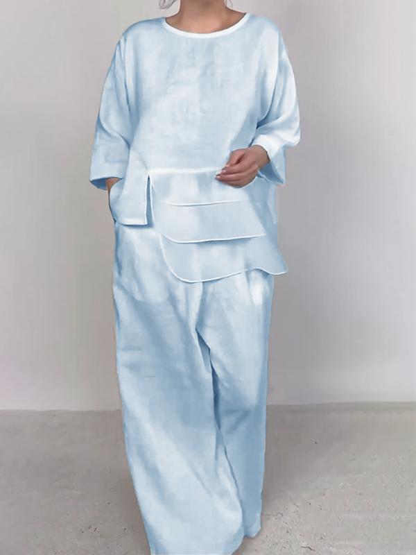 Round Neck Satin Layered Design Top and Wide Leg Pants Set