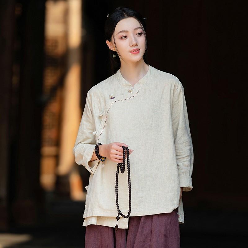 Johnature Женские винтажные рубашки, топы, стойка, длинный рукав, однотонные блузки, осенние рубашки на пуговицах