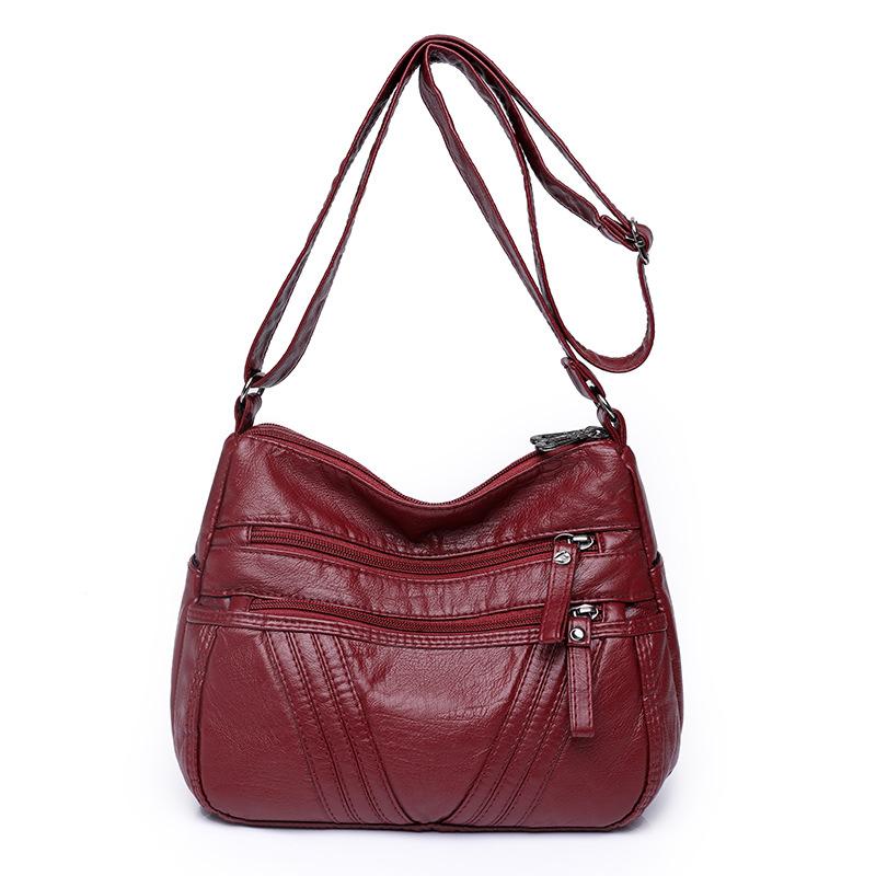 New Washed Leather Women's Bag Middle-aged Crossbody Shoulder Bag Soft Leather Multi-Pocket Slant Mother Bag