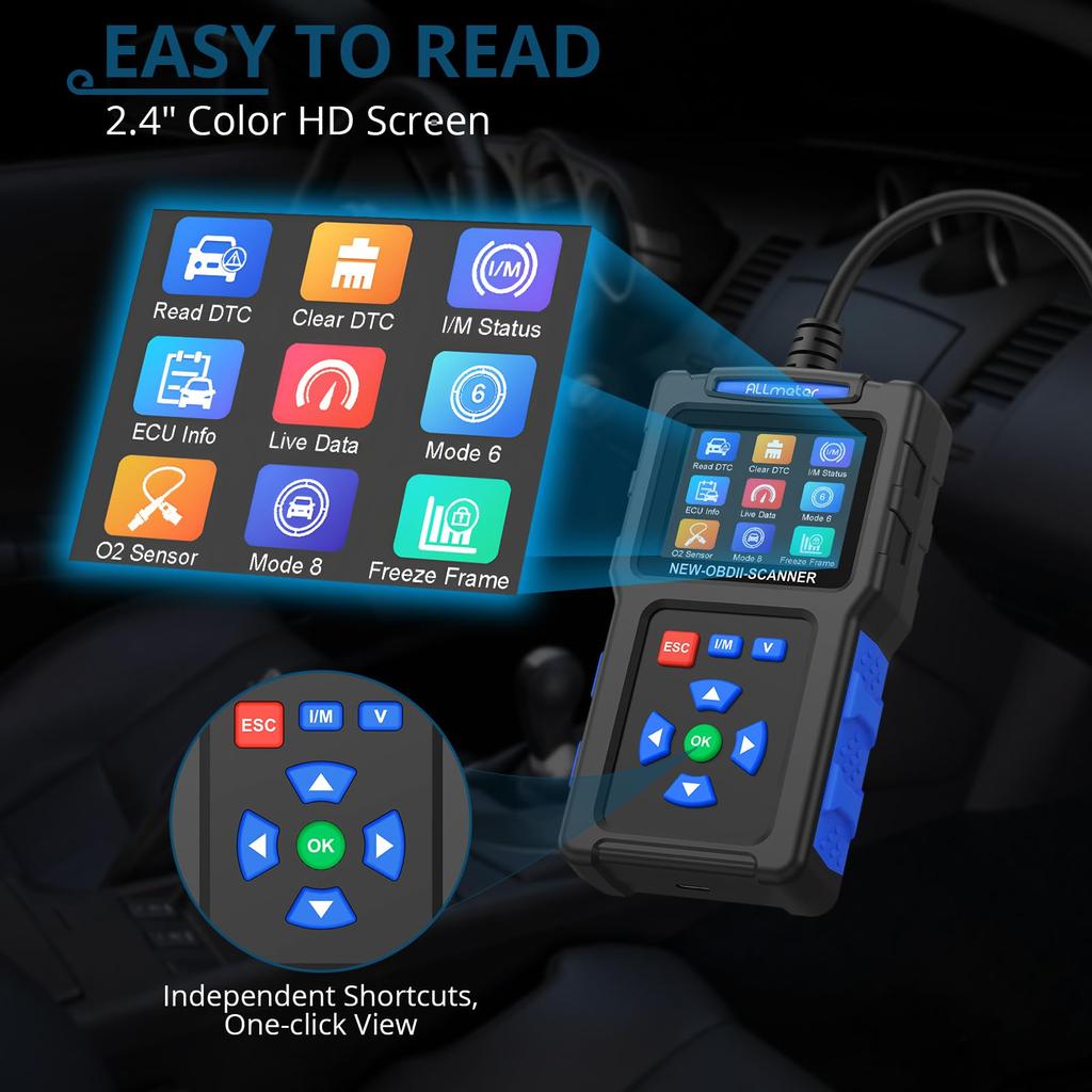 ALLmeter OBD2 Scanner OBDII Car Diagnostic Scanner - 2.4" Color Screen 9 Protocols Compatible with Most Vehicles from 1996 Onwards