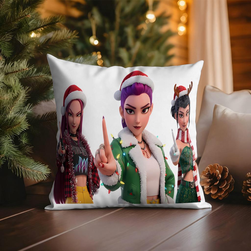 KPop Demon Hunters Blue Cat wearing Christmas Hat with Colorful Lights Christmas Pillowcase fashion Home Decoration