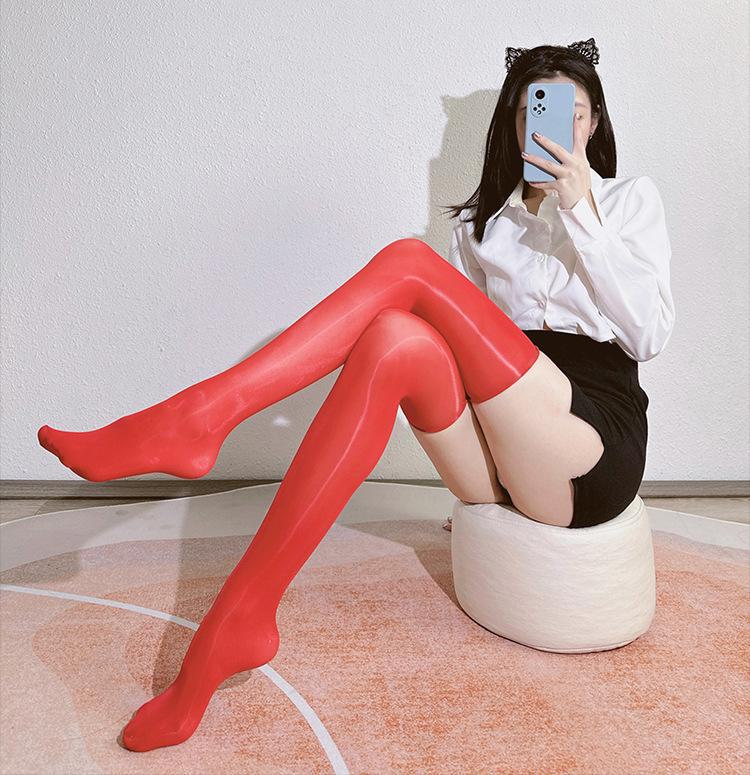 Sexy Shiny Black Silk Lace Stockings: Over-the-Knee Horse Oil Socks for Smooth Legs.