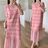Female Striped Korean Sweet Ruffles Patchwork Summer O-Neck Fashion Straight Loose Short Sleeve Long Dress