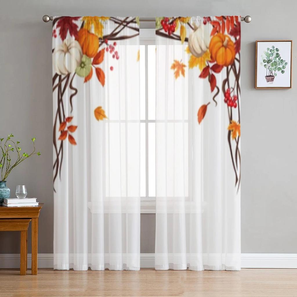 Прозрачные шторы с тыквой и осенними листьями для гостиной, спальни, кухни, тюлевые занавески для дома, декоративные прозрачные панели