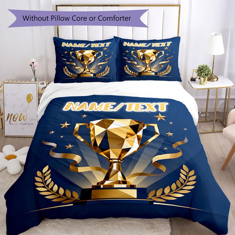 3PC Custom Name Golden Trophy Achievement Bedding Set Printed Bedding Set Duvet Cover Closure Includes 1 Duvet Cover & 179 Pillowcases for Bedroom