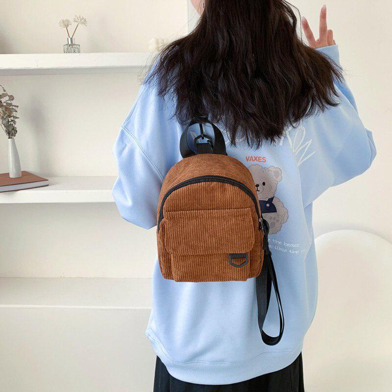 Fashion Women Mini Backpack Solid Color Corduroy Small Backpacks Simple Casual Student Bookbags Traveling Backpacks