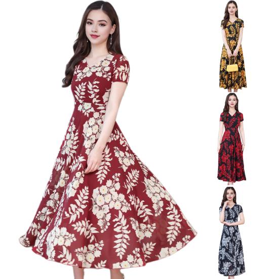 Женское платье миди с v-образным вырезом и коротким рукавом на талии, плотное платье с струящимся подолом, офисное платье с принтом листьев, повседневная одежда для вечеринок