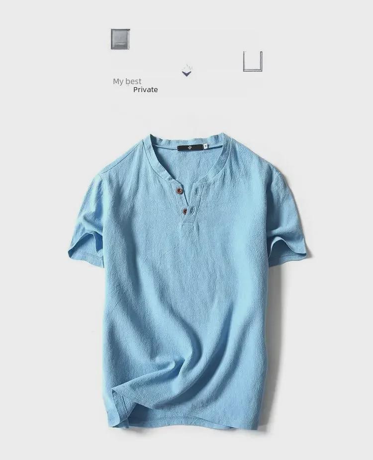 Мужская льняная футболка свободного кроя с V-образным вырезом - ретро, с короткими рукавами, однотонная, большого размера