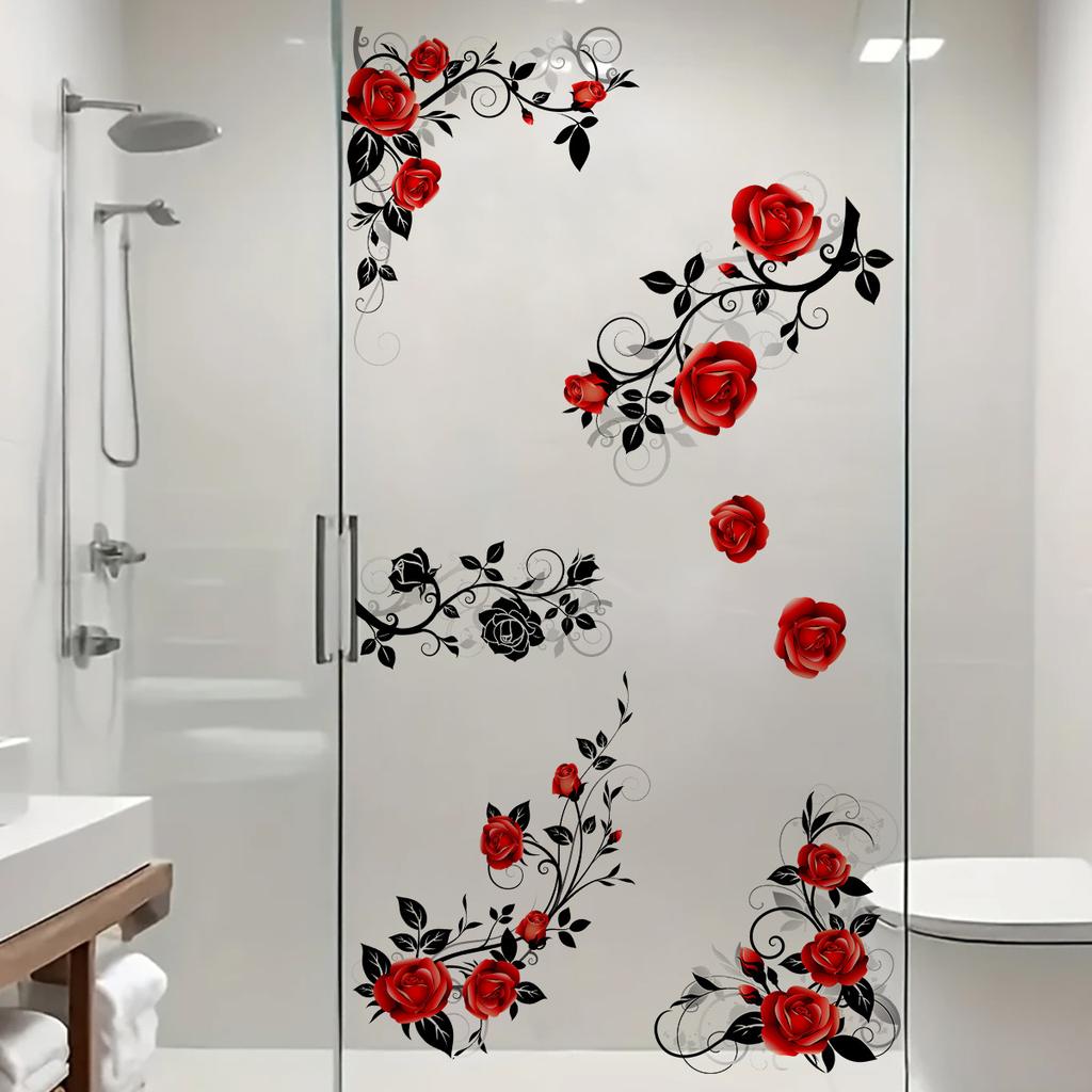 Романтические наклейки на стекло в виде красной розы, декоративные наклейки для двери и окна ванной комнаты