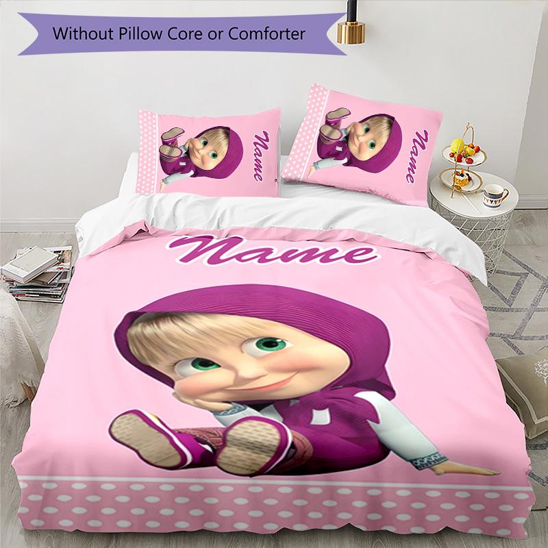 3pcs Masha and the Bear1 Cover Set - Personalized Name, HD Printed Bedding with 1 Cover and 2 Pillowcases - Perfect for Home Decor, Easy Care