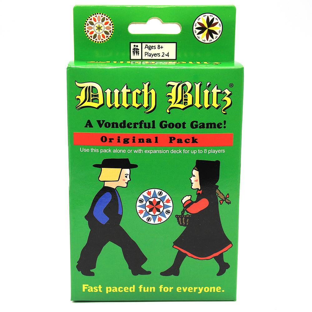 Захватывающая карточная игра Dutch Blitz для семейного веселья с красочными картами синего и зеленого цветов