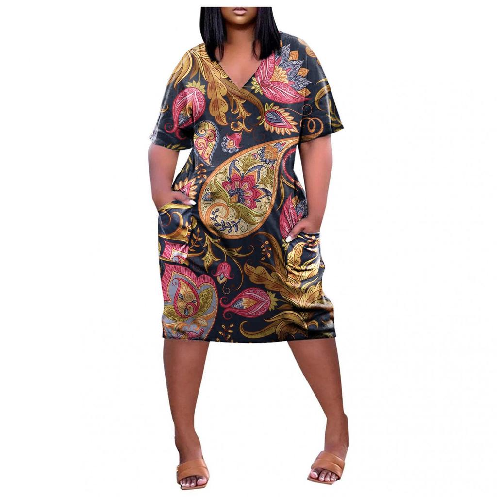 Женское летнее повседневное платье больших размеров с V-образным вырезом и коротким рукавом с карманом до колена
