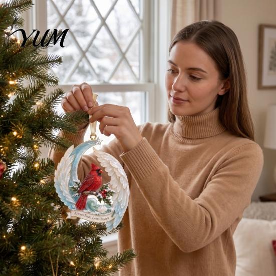 Decorative Acrylic Home Gifts Red Birds Christmas Ornament, 2D Bird Hanging Decoration Unique Commemorative Holiday Decor with Angel Wings,