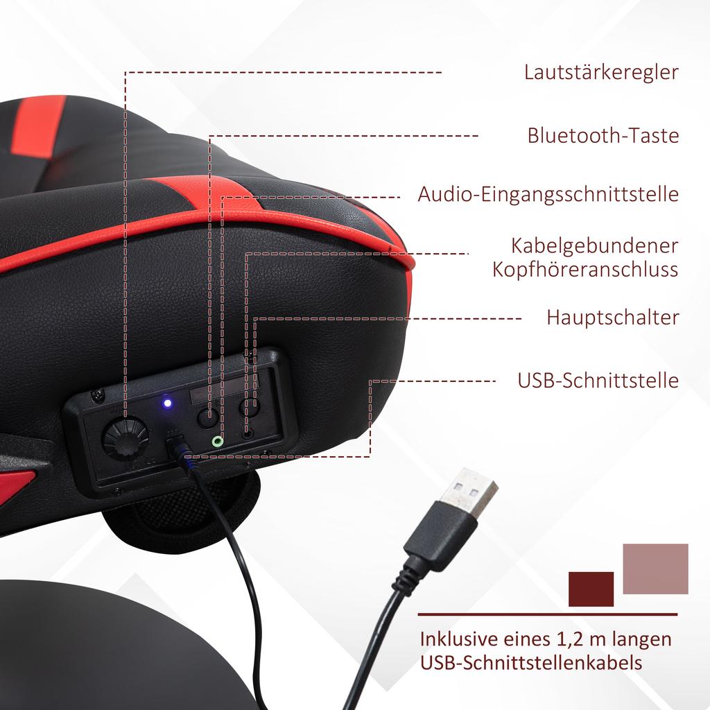 Gaming Chair, Gaming Seat, Integrated Speakers, Reclining Backrest, Black+Red, 69 x 73 x 118cm