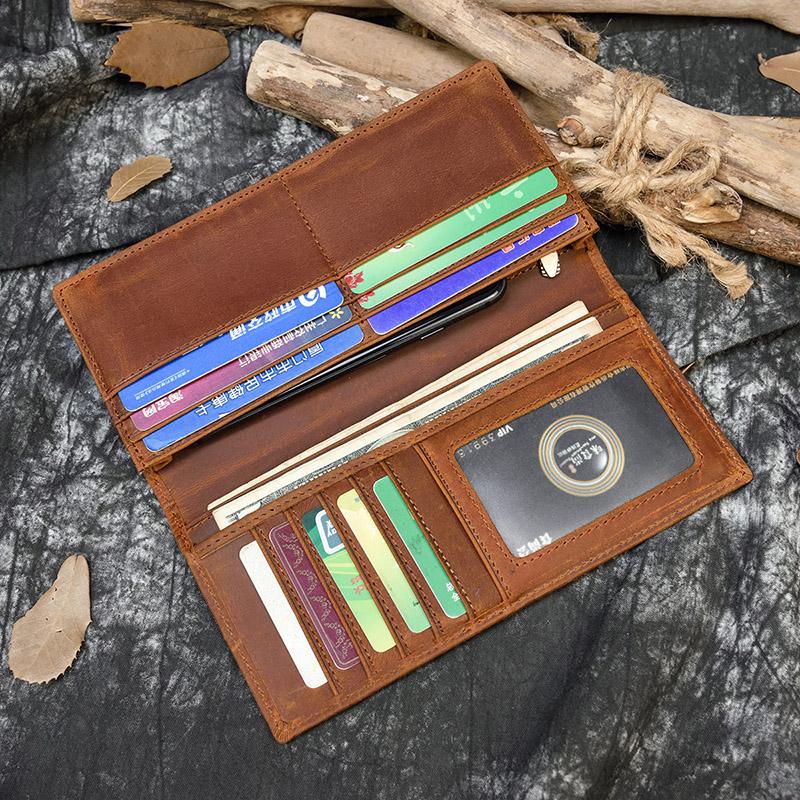 Luufan Vintage Men Women Long Purse Wallet Credit Card Inner Zip Pocket Wallets Bifold Crazy Horse Long Wallet Male Female Purse