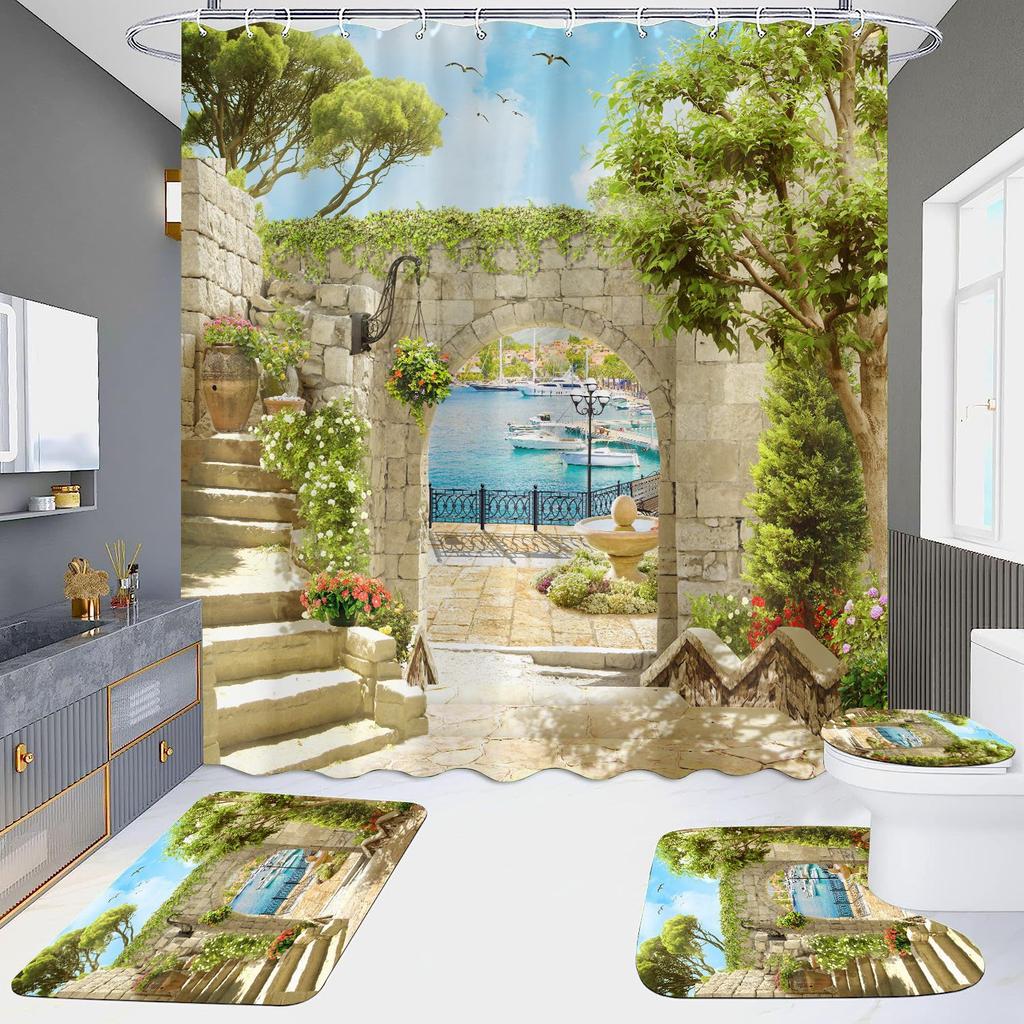 4 шт., наборы занавесок для душа в европейском стиле с архитектурой замка Мандала для ванной комнаты, нескользящие коврики для ванной комнаты, крышка для унитаза, коврик для ванной