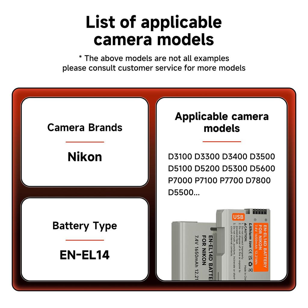 EN-EL14 1650mAh USB Type C EN-EL14a EN EL14 Battery for Nikon Df D5500 D5600 D3400 D3500 D5100 D5200 D5300 D3100 D3200 D3300