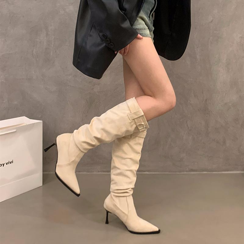 Острый носок на высоком каблуке женские эластичные сапоги до колена модные элегантные туфли для танцев осенние женские современные длинные сапоги