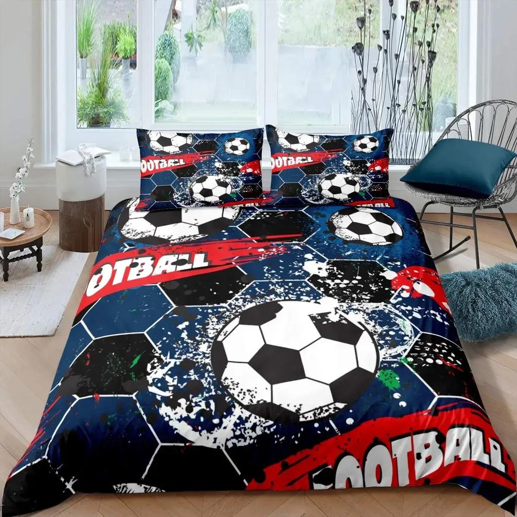 Футбольный комплект пододеяльников с рисунком футбольного мяча Комплект постельного белья с спортивной тематикой Микрофибра Цветной гранж-стиль Двуспальное одеяло King
