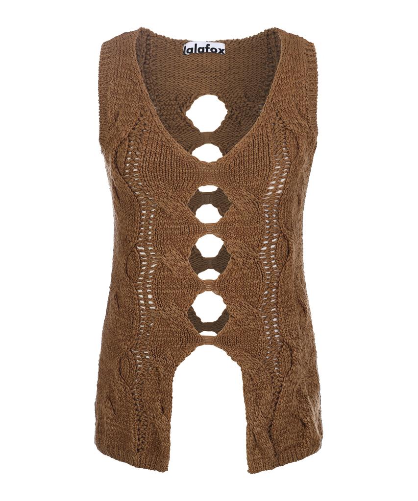 LALAFOX V-Neck Stitch Knit Vest Brown Br2Kv002