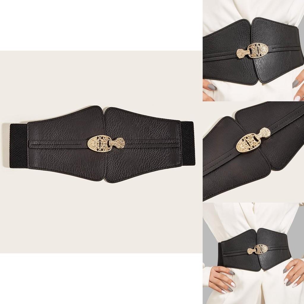Fashion Gold Buckle Decoration Women Casual Black Faux Leather Belt For Dress And Coat Fashion Accessory