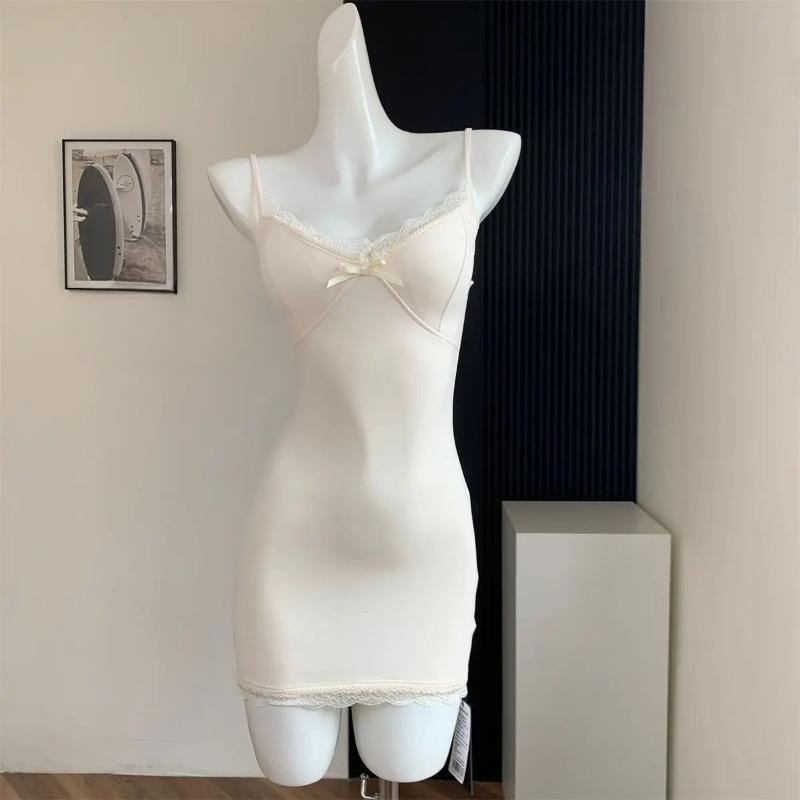 Sleeveless Dresses for Women Sexy Lace Hot Female Bodycon Dress Korean Fashion Mini Vestidos with Chest Pad Inner Wear Clubwear